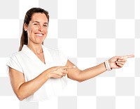 Female presenter png pointing finger to the right hand side, transparent background