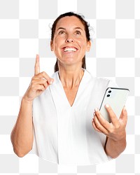 Happy woman png using a smartphone, transparent background