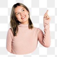 Woman png in pink turtleneck pointing up ,transparent background