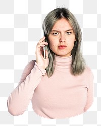 Annoyed woman png on a call, transparent background