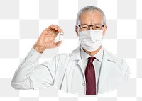 Matured male doctor png holding a vaccine bottle, transparent background