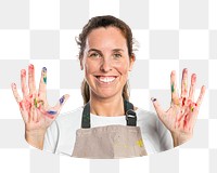 Png female artist in an apron with messy hands, transparent background