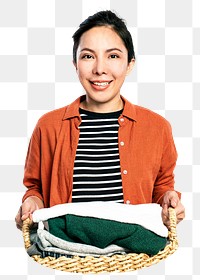 Asian woman png holding laundry basket, transparent background