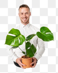 Man holding houseplant png, transparent background