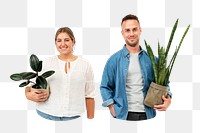 PNG parent couple holding potted houseplants, collage element, transparent background