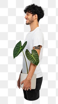 PNG  plant parents holding their houseplants side view, transparent background