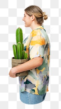 PNG plant parents holding houseplants side view, transparent background