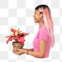 Woman holding houseplant png, transparent background