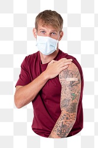 PNG Vaccinated European man presenting shoulder, collage element on transparent background