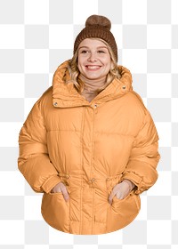 Png woman in puffer jacket, transparent background