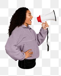 Png woman using megaphone side view, transparent background