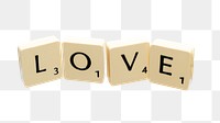Png love spelling wooden block, isolated collage element, transparent background