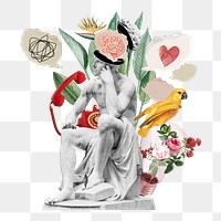 Pondering statue png sticker, mixed media transparent background