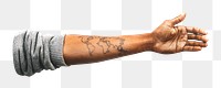 Png extended tattooed arm, isolated collage element, transparent background