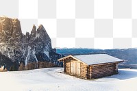 PNG Wooden house covered in snow, collage element, transparent background