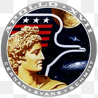 This is the official emblem of the Apollo 17 lunar landing mission which was flown by astronauts Eugene A. Cernan, Ronald E. Evans and Harrison H. Schmitt.The insignia is dominated by the image of Apollo, the Greek sun god. Suspended in space behind the head of Apollo is an American eagle of contemporary design, the red bars of the eagle's wing represent the bars in the United States flag; the three white stars symbolize the three astronaut crewmen. The background is deep blue space and within it are the moon, the planet Saturn and a spiral galaxy or nebula. The moon is partially overlaid by the eagle's wing suggesting that this is a celestial body that man has visited and in that sense conquered. The thrust of the eagle and the gaze of Apollo to the right and toward Saturn and the galaxy is meant to imply that man's goals in space will someday include the planets and perhaps the stars. The colors of the emblem are red, white and blue, the colors of our flag; with the addition of gold, to symbolize the golden age of space flight that will begin with this Apollo 17 lunar landing. The Apollo image used in this emblem was the famous Apollo of Belvedere sculpture now in the Vatican Gallery in Rome. This emblem was designed by artist Robert T. McCall in collaboration with the astronauts.