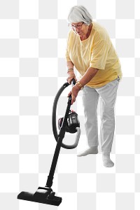 Png senior woman vacuuming, isolated collage element, transparent background