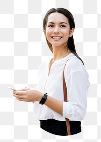 Businesswoman holding smartphone png, transparent background