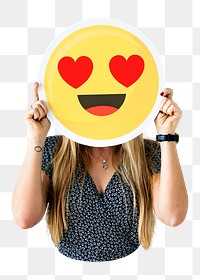 PNG Woman holding heart eyes emoji, collage element, transparent background