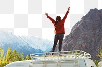 PNG Woman standing on a van facing the beautiful mountain collage element, transparent background