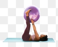 Png woman using fitness ball, isolated collage element, transparent background