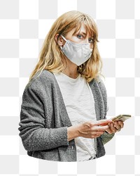 Png masked woman using phone, isolated collage element, transparent background