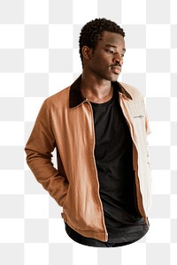 PNG brown men's jacket on black tee, transparent background