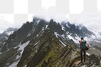 PNG Backpacker hiking up mountains border, transparent background