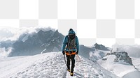 PNG Winter hiking, snowy mountains border, transparent background