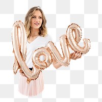 Woman holding love balloons png, transparent background