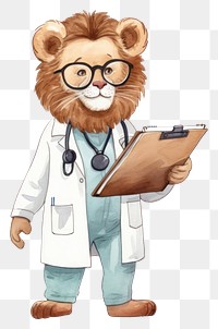 PNG A lion teacher holding a clipboard veterinarian cartoon doctor. 