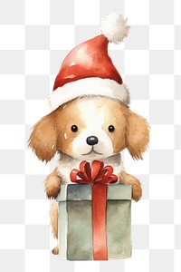 PNG Dog holding christmas present cartoon cute toy. 