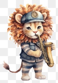 PNG Lion playing saxophone cute white background representation. 