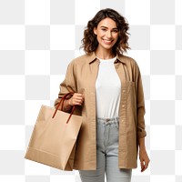 PNG A Full body side view happy young woman bag overcoat shopping. 