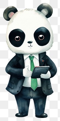 PNG A Panda wearing business suit holding cartoon animal. 