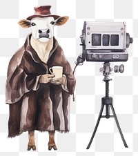 PNG Cow standing holding movie camera tripod white background photography. 