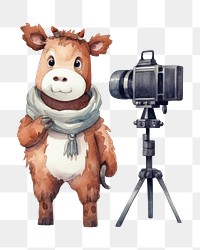 PNG Cow standing holding movie camera tripod animal toy. 