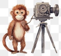 PNG Monkey standing holding movie camera tripod mammal animal. 