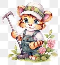 PNG Baby cartoonish tiger gardener nature white background creativity. AI generated Image by rawpixel.