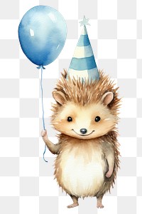 PNG Hedgehog character wearing party hat animal celebration balloon. 