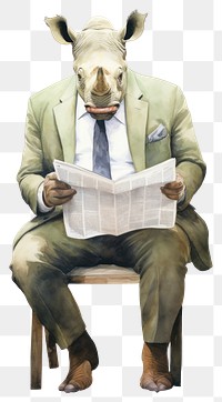 PNG Rhino businessperson animal sitting reading. AI generated Image by rawpixel.