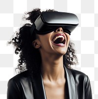 PNG Woman wearing VR glasses technology hairstyle happiness. 