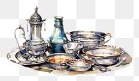 PNG  Arabian style silverware dishes saucer cup mug. AI generated Image by rawpixel.