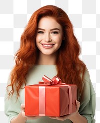 PNG Red hair girl smiling hugging a big gift box birthday celebration anniversary. 