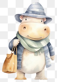 PNG Hippo holding shopping bag clothing cartoon hat. 