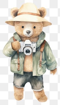 PNG Bear holding camera cartoon cute toy. 