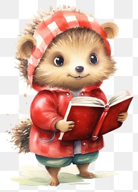 PNG Hedgehog character wearing student costume reading cute rat. 