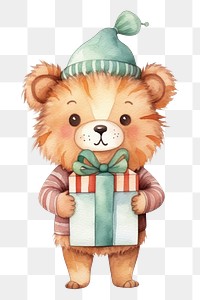 PNG Lion holding christmas present cartoon cute toy. 