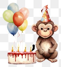 PNG Monkey celebrating birthday balloon dessert cartoon. 