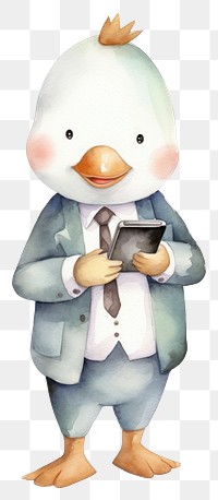 PNG Duck holding smartphone business white background representation. 